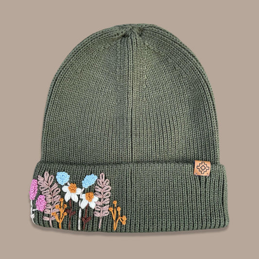 Embroidered Wool Beanie - Olive